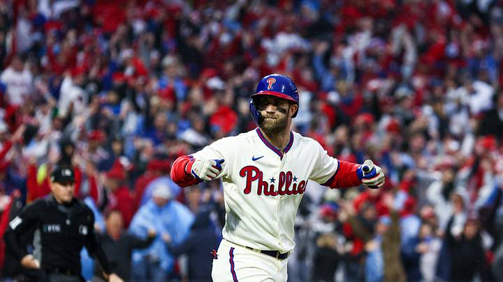 Oct 23, 2022; Philadelphia, Pennsylvania, USA; Philadelphia Phillies designated hitter Bryce Harper (3) reacts after hitting a two-run home run in the eighth inning during game five of the NLCS against the San Diego Padres for the 2022 MLB Playoffs at Citizens Bank Park. Mandatory Credit: Bill Streicher-USA TODAY Sports Oct 23, 2022; Philadelphia, Pennsylvania, USA; Philadelphia Phillies designated hitter Bryce Harper (3) reacts after hitting a two-run home run in the eighth inning during game five of the NLCS against the San Diego Padres for the 2022 MLB Playoffs at Citizens Bank Park. Mandatory Credit: Bill Streicher-USA TODAY Sports