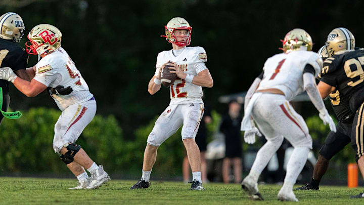 Bergen Catholic quarterback Trey Tagliaferri looks for a receiver against West Boca Raton
during the Adidas Football Classic in Boca Raton, Florida, on September 5, 2025.