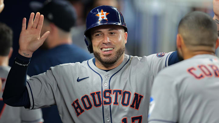 Houston Astros designated hitter Victor Caratini (17) celebrates after scoring against the Miami Marlins during the fourth inning at loanDepot Park. Houston Astros designated hitter Victor Caratini (17) celebrates after scoring against the Miami Marlins during the fourth inning at loanDepot Park.