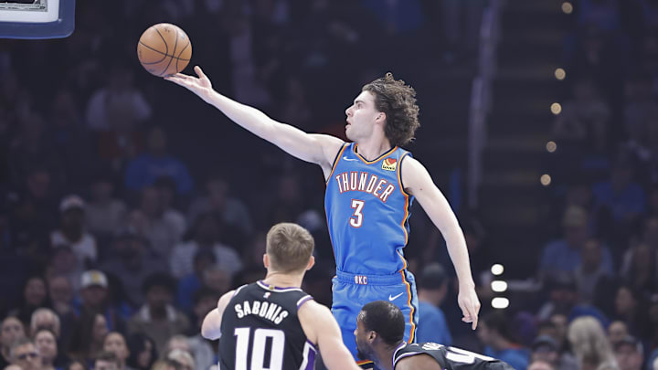 Apr 9, 2024; Oklahoma City, Oklahoma, USA; Oklahoma City Thunder guard Josh Giddey (3) shoots against the Kings. 