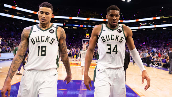 Mar 24, 2025; Phoenix, Arizona, USA; Milwaukee Bucks forward Kyle Kuzma (18) and forward Giannis Antetokounmpo (34) against the Phoenix Suns at Footprint Center. Mandatory Credit: Mark J. Rebilas-Imagn Images Mar 24, 2025; Phoenix, Arizona, USA; Milwaukee Bucks forward Kyle Kuzma (18) and forward Giannis Antetokounmpo (34) against the Phoenix Suns at Footprint Center. Mandatory Credit: Mark J. Rebilas-Imagn Images