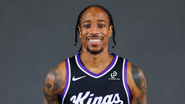 Sep 29, 2025; Sacramento, CA, USA; Sacramento Kings forward DeMar DeRozan (10) during media day at Golden 1 Center. Mandatory Credit: Sergio Estrada-Imagn Images