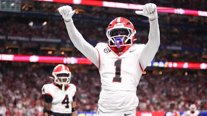 Dec 6, 2025; Atlanta, GA, USA; Georgia Bulldogs defensive back Ellis Robinson IV (1) celebrates after an incomplete pass in the end zone during the fourth quarter against the Alabama Crimson Tide during the 2025 SEC Championship game at Mercedes-Benz Stadium. Mandatory Credit: Brett Davis-Imagn Images Dec 6, 2025; Atlanta, GA, USA; Georgia Bulldogs defensive back Ellis Robinson IV (1) celebrates after an incomplete pass in the end zone during the fourth quarter against the Alabama Crimson Tide during the 2025 SEC Championship game at Mercedes-Benz Stadium. Mandatory Credit: Brett Davis-Imagn Images