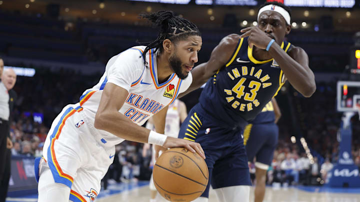 Oklahoma City Thunder guard Isaiah Joe (11) drives to the basket beside Indiana Pacers forward Pascal Siakam (43) during the second quarter at Paycom Center. Oklahoma City Thunder guard Isaiah Joe (11) drives to the basket beside Indiana Pacers forward Pascal Siakam (43) during the second quarter at Paycom Center.