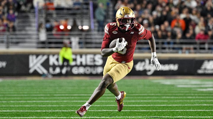 Oct 11, 2025; Chestnut Hill, Massachusetts, USA; Boston College Eagles running back Jordan McDonald (5) runs the ball against the Clemson Tigers during the first half at Alumni Stadium. Mandatory Credit: Eric Canha-Imagn Images Oct 11, 2025; Chestnut Hill, Massachusetts, USA; Boston College Eagles running back Jordan McDonald (5) runs the ball against the Clemson Tigers during the first half at Alumni Stadium. Mandatory Credit: Eric Canha-Imagn Images
