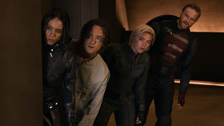 (L-R) Ghost (Hannah John-Kamen), Bob (Lewis Pullman), Yelena Belova (Florence Pugh) and John Walker (Wyatt Russell) in Marvel Studios' THUNDERBOLTS*. Photo by Chuck Zlotnick. © 2025 MARVEL. All Rights Reserved.