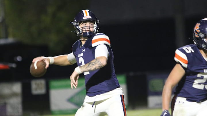 Nashville Christian quarterback Jared Curtis (2) drops back to throw the ball in the red zone against Fayetteville during the first quarter of their TSSAA football game Friday, Oct. 18, 2024 at Nashville Christian School in Nashville, Tennessee.