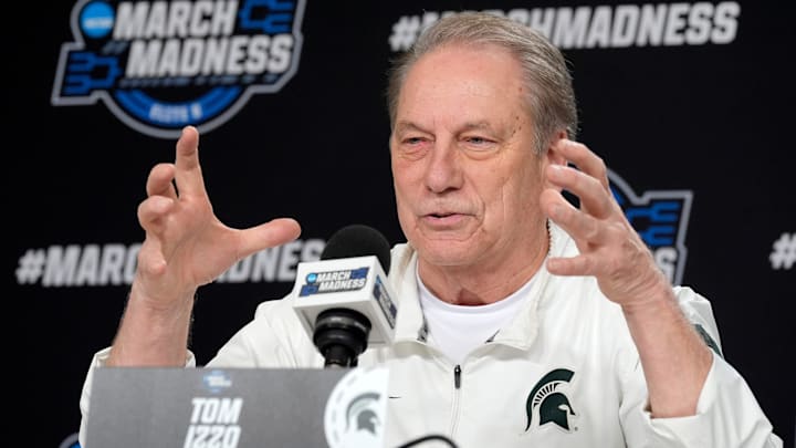 Michigan State basketball coach Tom Izzo tells a story to the media while recalling his very first Sweet 16 during a press conference at Capital One Arena in Washington DC on Thursday, March 26, 2026. 
The Spartans play the University of Connecticut on Friday evening.