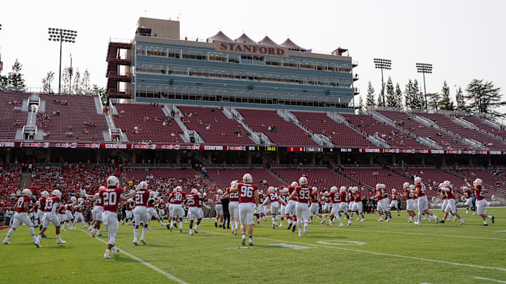 Sep 25, 2021; Stanford, California, USA;  General view of the Stanford Cardinal players warming up before the game against the UCLA Bruins at Stanford Stadium. Mandatory Credit: Stan Szeto-Imagn Images