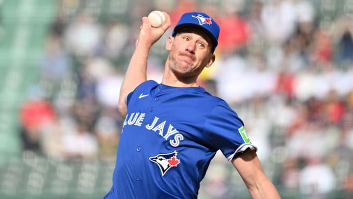 Apr 10, 2025; Boston, Massachusetts, USA; Toronto Blue Jays starting pitcher Chris Bassitt (40) pitches against the Boston Red Sox  during the first inning at Fenway Park. 