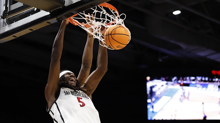 Mar 18, 2025; Dayton, OH, USA; San Diego State Aztecs forward Pharaoh Compton (5).