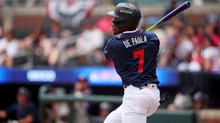 Jul 12, 2025; Atlanta, GA, USA;  National League outfielder Josue De Paula of the Los Angeles Dodgers scores a run during the sixth inning against American League at Truist Park. Mandatory Credit: Brett Davis-Imagn Images