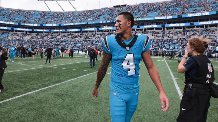Oct 12, 2025; Charlotte, North Carolina, USA; Carolina Panthers wide receiver Tetairoa McMillan (4) looks on after the game against the Dallas Cowboys at Bank of America Stadium. Mandatory Credit: Scott Kinser-Imagn Images
