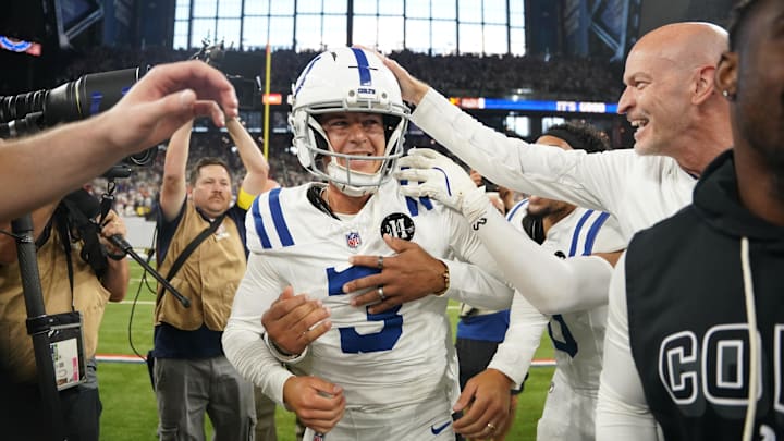 Sep 14, 2025; Indianapolis, Indiana, USA; Indianapolis Colts place kicker Spencer Shrader (3) celebrates the win against the Denver Broncos at Lucas Oil Stadium. Mandatory Credit: Robert Goddin-Imagn Images Sep 14, 2025; Indianapolis, Indiana, USA; Indianapolis Colts place kicker Spencer Shrader (3) celebrates the win against the Denver Broncos at Lucas Oil Stadium. Mandatory Credit: Robert Goddin-Imagn Images