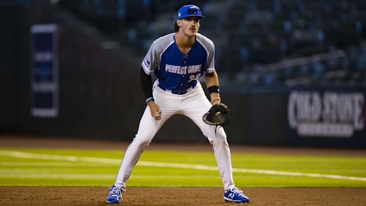 Aug 28, 2022; Phoenix, Arizona, US; East infielder Bryce Eldridge (38) during the Perfect Game All-American Classic high school baseball game at Chase Field. 