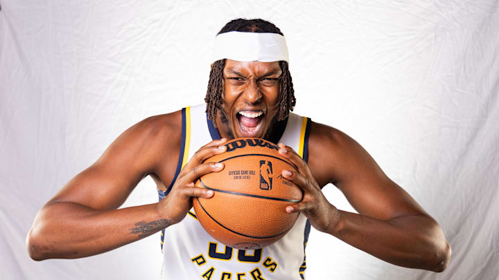 Sep 30, 2024; Indianapolis, IN, USA;  Indiana Pacers center Myles Turner (33) poses for a photo during 2024 Media day.  