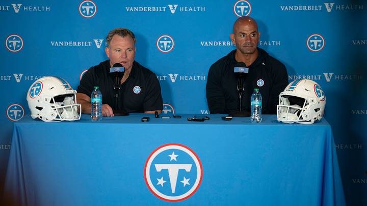 Tennessee Titans General Manager Mike Borgonzi, left, and Coach Robert Saleh address the media the day before training camp begins at Vanderbilt Health Football Center Tuesday, July 28, 2026. Tennessee Titans General Manager Mike Borgonzi, left, and Coach Robert Saleh address the media the day before training camp begins at Vanderbilt Health Football Center Tuesday, July 28, 2026.