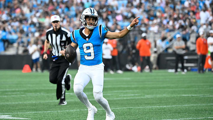 Aug 8, 2025; Charlotte, North Carolina, USA; Carolina Panthers quarterback Bryce Young (9) with the ball in the first quarter at Bank of America Stadium. Mandatory Credit: Bob Donnan-Imagn Images Aug 8, 2025; Charlotte, North Carolina, USA; Carolina Panthers quarterback Bryce Young (9) with the ball in the first quarter at Bank of America Stadium. Mandatory Credit: Bob Donnan-Imagn Images