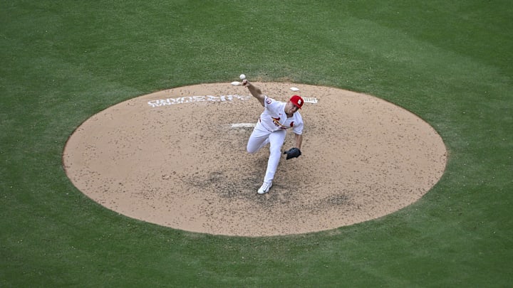 St. Louis Cardinals relief pitcher Ryan Helsley (56) pitches against the San Diego Padres during the ninth inning at Busch Stadium on Aug 29.