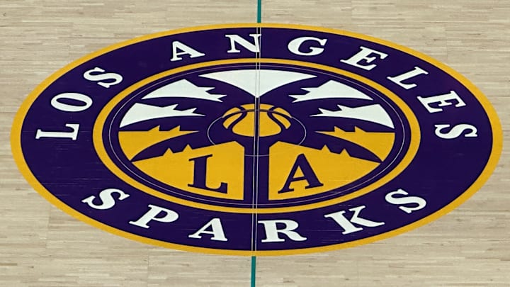 May 25, 2023; Los Angeles, California, USA; A general overall view of the LA Sparks logo at center court at Crypto.com Arena. Mandatory Credit: Kirby Lee-Imagn Images