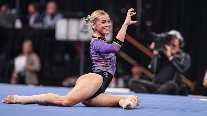 LSU gymnast Olivia Dunne competes on the floor exercise during Session 2 of the Sprouts Farmers Market Collegiate Quad meet.