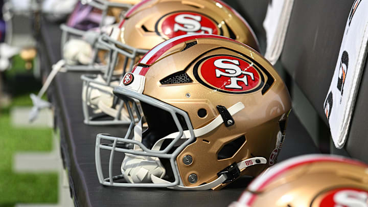 Sep 15, 2024; Minneapolis, Minnesota, USA; San Francisco 49ers helmets sits idle during the game against the Minnesota Vikings at U.S. Bank Stadium. Mandatory Credit: Jeffrey Becker-Imagn Images