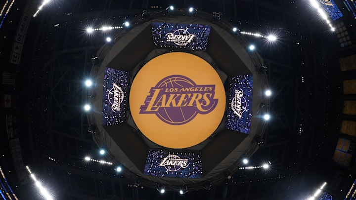 Apr 9, 2024; Los Angeles, California, USA; The Los Angeles Lakers logo on the video board at Crypto.com Arena. Mandatory Credit: Kirby Lee-Imagn Images