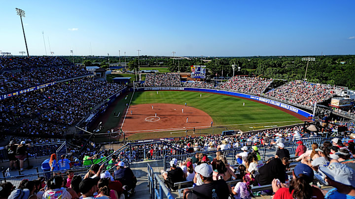 Fans watch the Women's College World Series softball game between the Tennessee Volunteers and the UCLA Bruins at Devon Park in Oklahoma City, Sunday, June, 1, 2025.