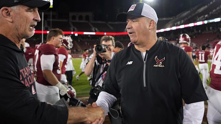 Sep 13, 2025; Stanford, California, USA; Boston College Eagles head coach Bill O'Brien (right) shakes hands with Stanford Cardinal head coach Frank Reich (left) after the game at Stanford Stadium. Mandatory Credit: Darren Yamashita-Imagn Images Sep 13, 2025; Stanford, California, USA; Boston College Eagles head coach Bill O'Brien (right) shakes hands with Stanford Cardinal head coach Frank Reich (left) after the game at Stanford Stadium. Mandatory Credit: Darren Yamashita-Imagn Images