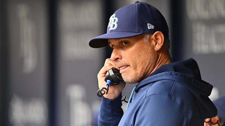 Jun 10, 2026; St. Petersburg, Florida, USA; Tampa Bay Rays manager Kevin Cash talks on the phone in the dugout during the eighth inning against Boston Red Sox at Tropicana Field. Mandatory Credit: Pablo Robles-Imagn Images