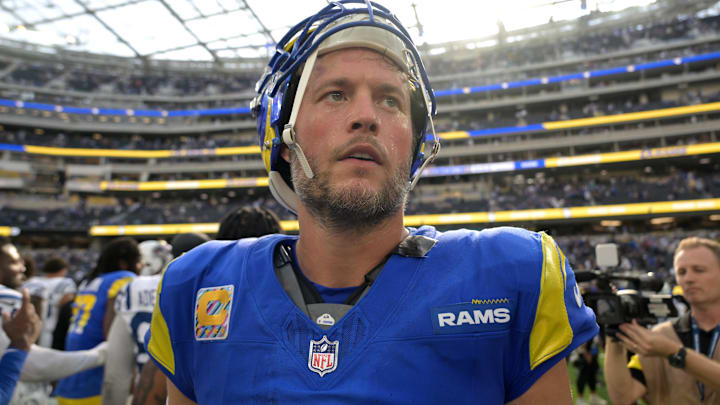 Los Angeles Rams quarterback Matthew Stafford (9) leaves the field after the game against the Indianapolis Colts at SoFi Stadium. Los Angeles Rams quarterback Matthew Stafford (9) leaves the field after the game against the Indianapolis Colts at SoFi Stadium.