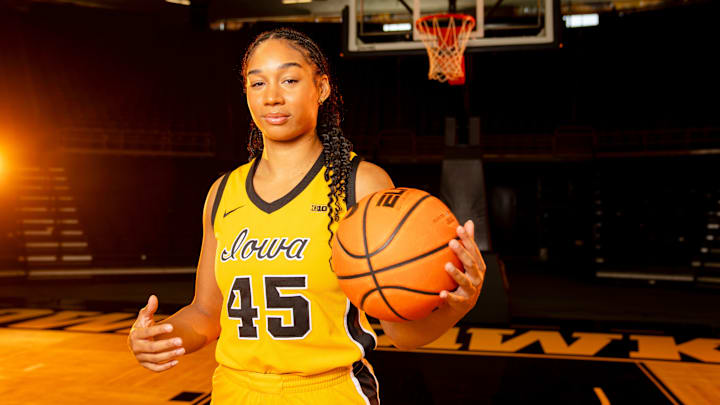 Hannah Stuelke stands for a photo during Iowa Women’s Basketball media day at Carver Hawkeye Arena in Iowa City, Thursday, Oct. 10, 2024.