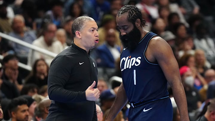 Nov 24, 2023; Los Angeles, California, USA; LA Clippers coach Tyronn Lue (left) and guard James Harden (1) react against the New Orleans Pelicans in the second half at Crypto.com Arena. Mandatory Credit: Kirby Lee-Imagn Images