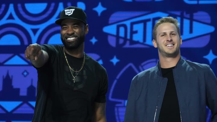 Detroit Lions quarterback Jared Goff and former receiver Calvin Johnson Detroit Lions quarterback Jared Goff and former receiver Calvin Johnson
