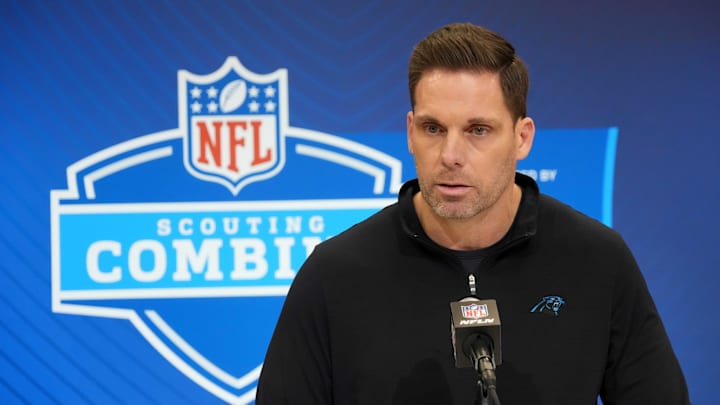 Feb 25, 2025; Indianapolis, IN, USA; Carolina Panthers general manager Dan Morgan speaks during the NFL Scouting Combine at the Indiana Convention Center. Mandatory Credit: Kirby Lee-Imagn Images Feb 25, 2025; Indianapolis, IN, USA; Carolina Panthers general manager Dan Morgan speaks during the NFL Scouting Combine at the Indiana Convention Center. Mandatory Credit: Kirby Lee-Imagn Images