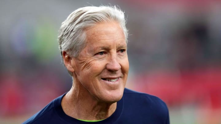 Jan 7, 2024; Glendale, Arizona, USA; Seattle Seahawks head coach Pete Carroll looks on prior to facing the against the Arizona Cardinals at State Farm Stadium. Mandatory Credit: Joe Camporeale-Imagn Images