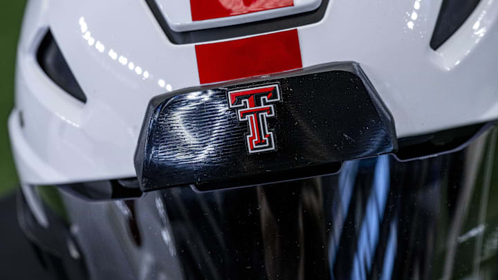 Jul 13, 2022; Arlington, TX, USA; A view of the team logo on the helmet of the Texas Tech Red