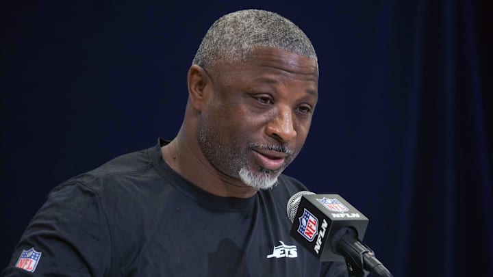 Feb 25, 2025; Indianapolis, IN, USA; New York Jets coach Aaron Glenn speaks during the NFL Scouting Combine at the Indiana Convention Center. Mandatory Credit: Kirby Lee-Imagn Images
