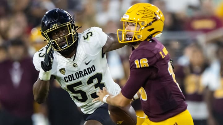 Oct 7, 2023; Tempe, Arizona, USA; Colorado Buffaloes defensive end Arden Walker (53) against the Arizona State Sun Devils at Mountain America Stadium. Mandatory Credit: Mark J. Rebilas-Imagn Images