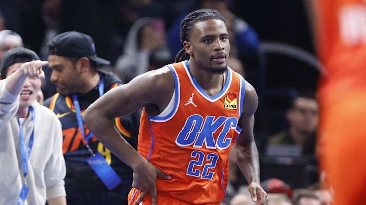 Dec 10, 2024; Oklahoma City, Oklahoma, USA; Oklahoma City Thunder guard Cason Wallace (22) gestures after scoring a three point basket against the Dallas Mavericks during the second half at Paycom Center. Mandatory Credit: Alonzo Adams-Imagn Images Dec 10, 2024; Oklahoma City, Oklahoma, USA; Oklahoma City Thunder guard Cason Wallace (22) gestures after scoring a three point basket against the Dallas Mavericks during the second half at Paycom Center. Mandatory Credit: Alonzo Adams-Imagn Images