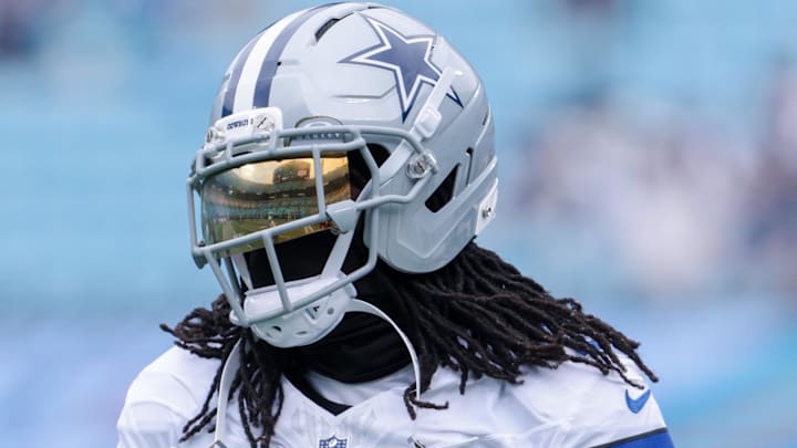 Oct 12, 2025; Charlotte, North Carolina, USA; Dallas Cowboys cornerback Trevon Diggs (7) warms up before the game against the Carolina Panthers at Bank of America Stadium.