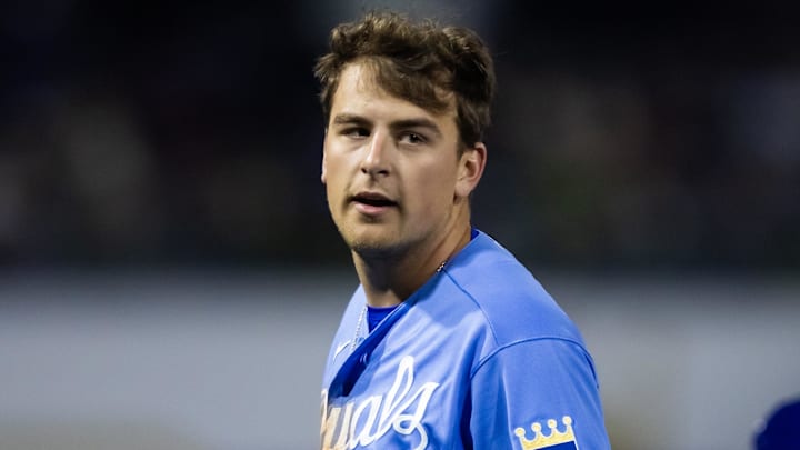 Mar 4, 2023; Surprise, Arizona, USA; Kansas City Royals outfielder Gavin Cross against the Los Angeles Dodgers during a spring training game at Surprise Stadium. Mandatory Credit: Mark J. Rebilas-Imagn Images