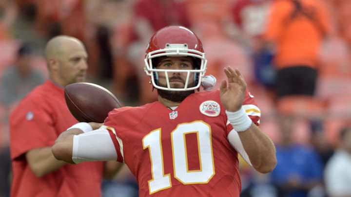 Aug 28, 2015; Kansas City, MO, USA; Kansas City Chiefs quarterback Chase Daniel (10) warms up before the game against the Tennessee Titans at Arrowhead Stadium. Mandatory Credit: Denny Medley-Imagn Images