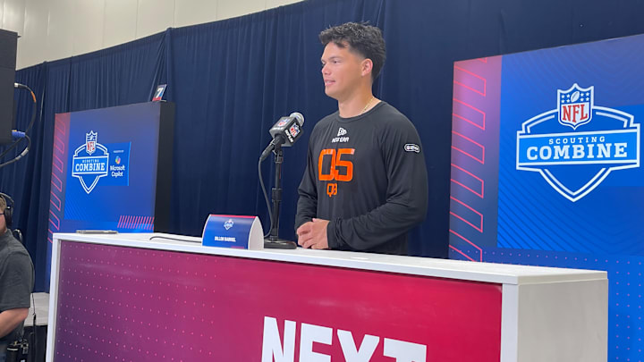 Oregon QB Dillon Gabriel speaks at the 2025 NFL Scouting Combine
