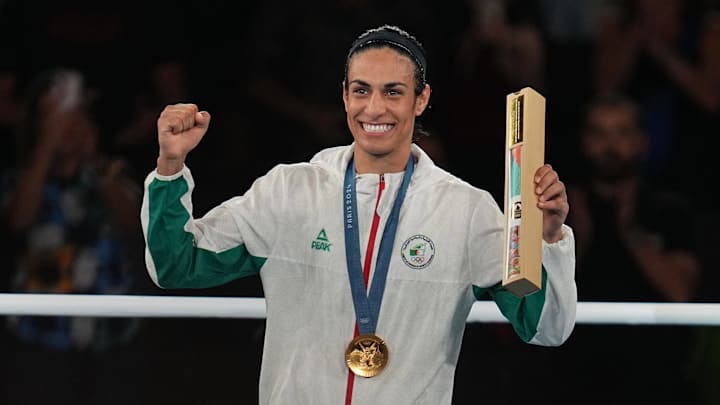 Imane Khelif (Algeria) celebrates gold on August 9, 2024.