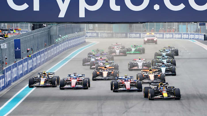 May 5, 2024; Miami Gardens, Florida, USA; Red Bull Racing driver Max Verstappen (1) leads the field during the Miami Grand Prix at Miami International Autodrome. Mandatory Credit: John David Mercer-Imagn Images