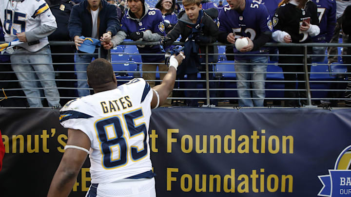 Los Angeles Chargers tight end Antonio Gates hands his gloves to a fan in the stands after the Chargers' game against the Baltimore Ravens in a AFC Wild Card playoff football game at M&T Bank Stadium. The Chargers won 23-17. Los Angeles Chargers tight end Antonio Gates hands his gloves to a fan in the stands after the Chargers' game against the Baltimore Ravens in a AFC Wild Card playoff football game at M&T Bank Stadium. The Chargers won 23-17.