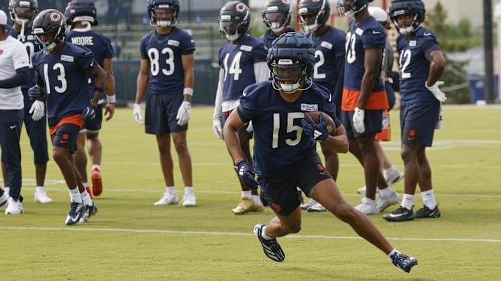 Jul 24, 2025; Lake Forest, IL, USA; Chicago Bears wide receiver Rome Odunze (15) runs with the ball during training camp at Halas Hall. Mandatory Credit: Kamil Krzaczynski-Imagn Images
