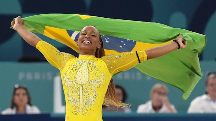 Rebeca Andrade of Brazil celebrates her silver medal in the women’s gymnastics all-around during the Paris 2024 Olympic Summer Games.