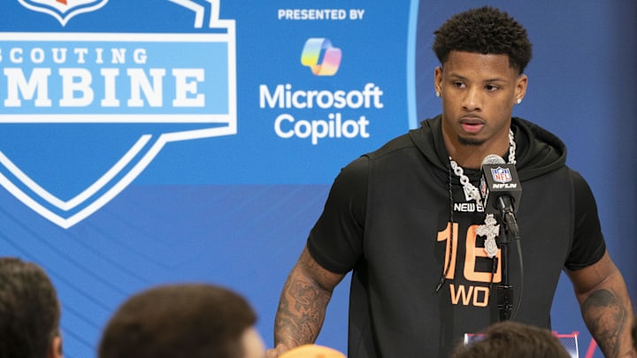Texas wideout Matthew Golden speaks during a press conference during the 2025 NFL Combine.